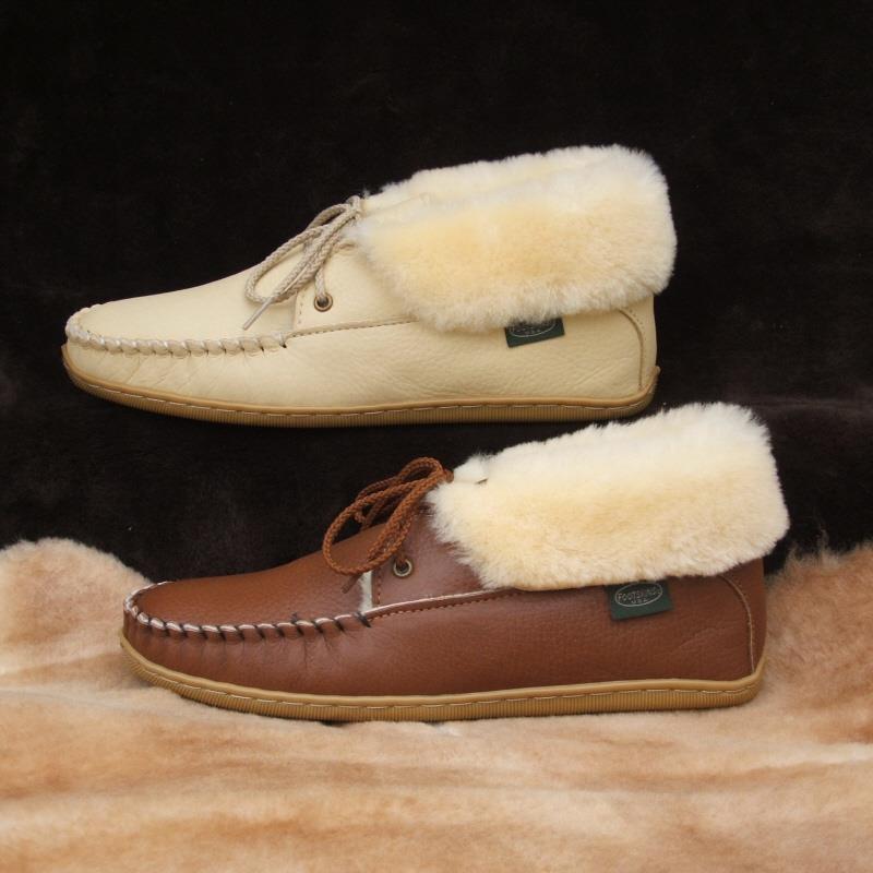 Eyelet Sheepskin Slippers in Brown and White