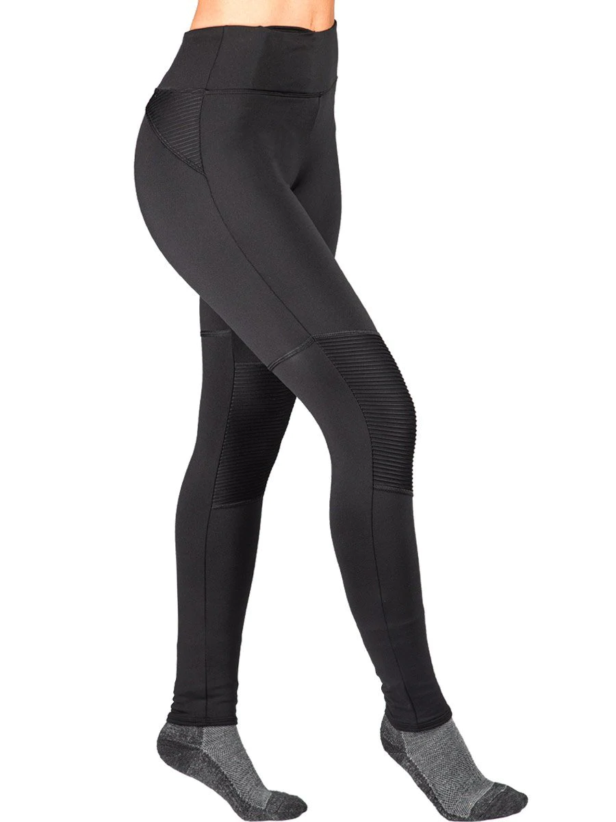 Plain Black Active Wear Leggings With Pleated Knee