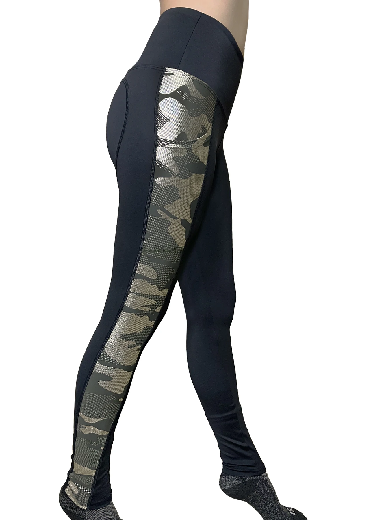 Black Active Wear Leggings With Pleated Knee Side