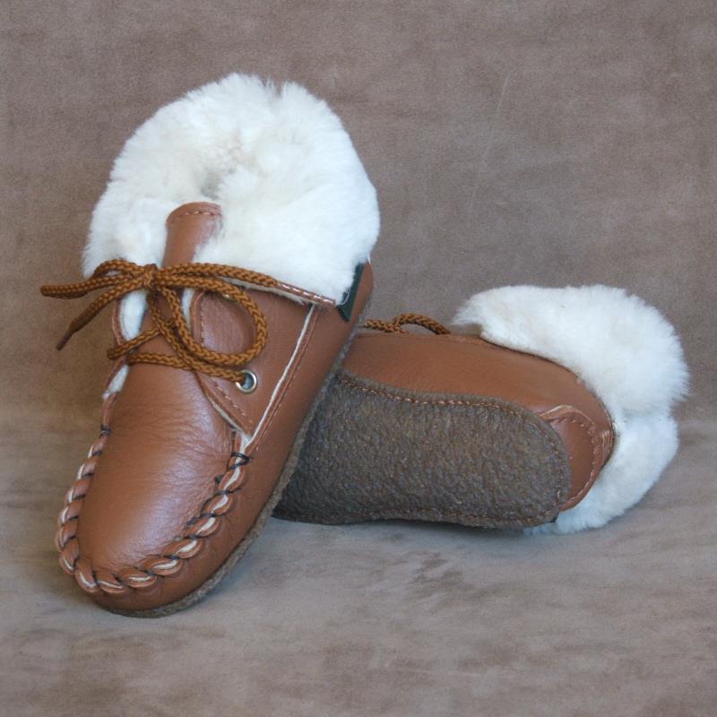 Brown Color Sheepskin Slippers With Furry Top For Children