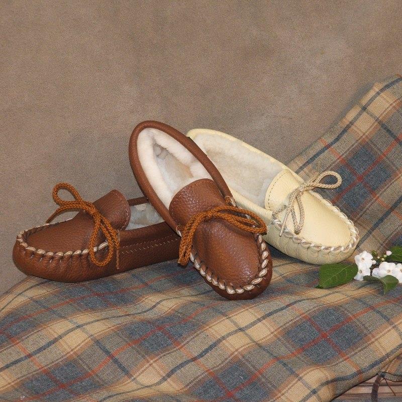 Soft Sole Sheep Skin Slippers in Tan and White Color