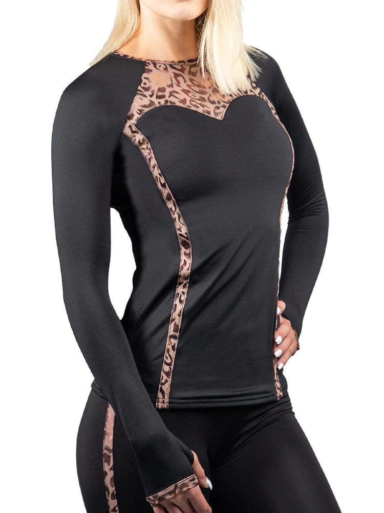 Black Full Sleeves Top For Women With Leopard Print Band