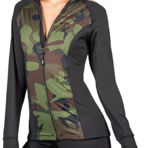 Black Camouflage Print Zipper Sweater For Women