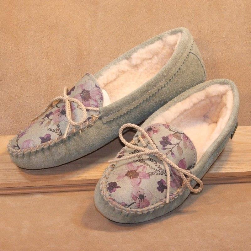 Women's Softsole Sheepskin Slippers with Flower Pattern