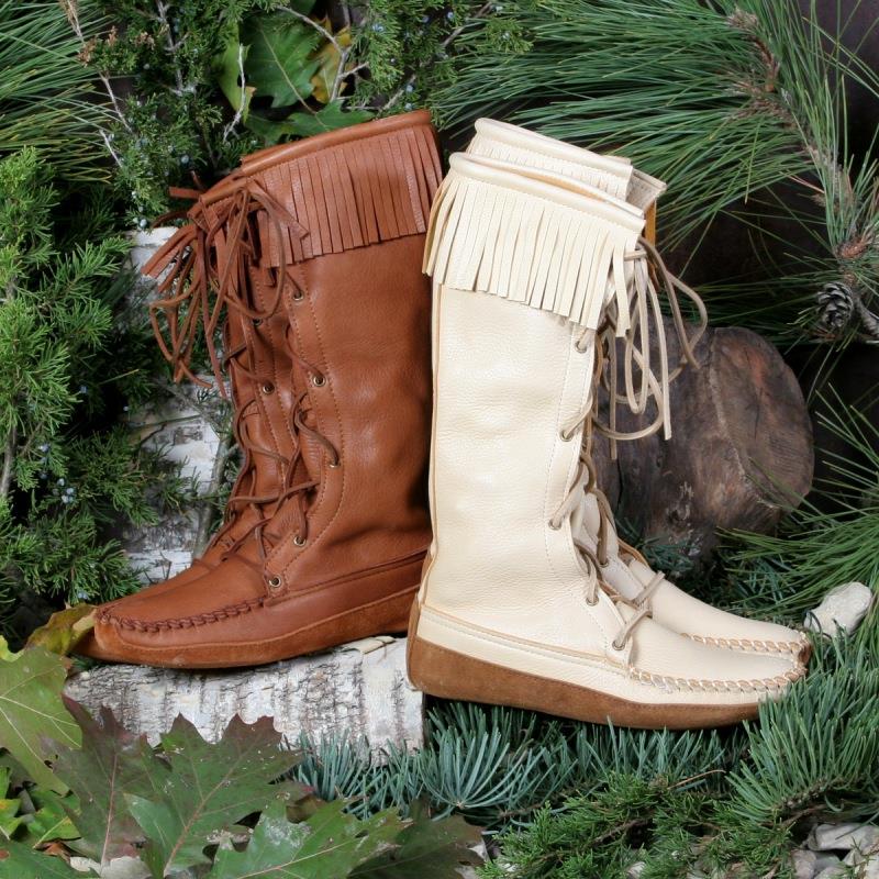 Fringe Knee High Boots in White and Brown